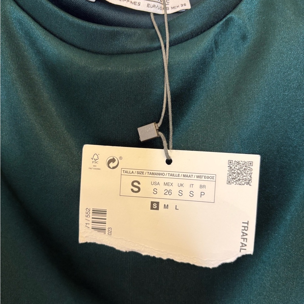 ZARA TRF Emerald Green Satin Midi Dress Cold Shoulder Evening Formal Small NWT - Picture 4 of 6